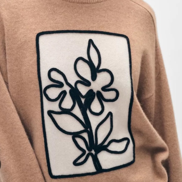 White + Warren || Cashmere Floral Applique Crewneck || Camel || S || NWT - Picture 3 of 4
